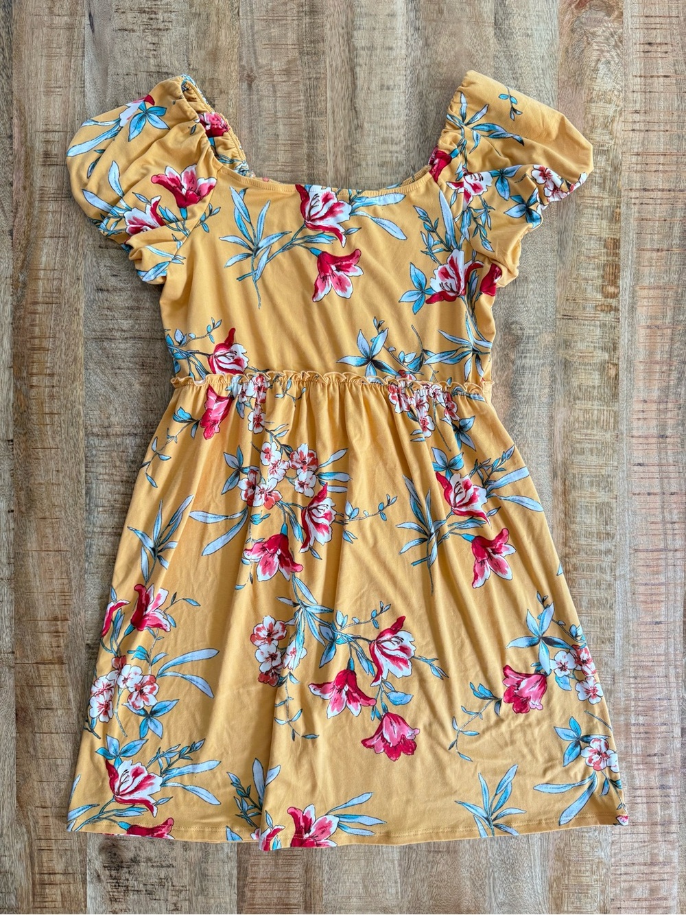 Three Pink Hearts Mustard Floral Puff Sleeve Dress XL | Like New